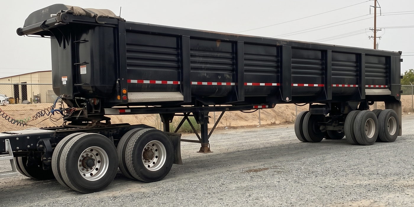 End dump trailer coupled to the tractor, three-quarter view showing the rear discharge gate